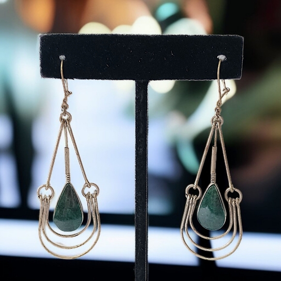 Malachite Green Stone Wire Design Earrings Teardrop Dangle Dainty Bohemian Gypsy - Picture 14 of 16